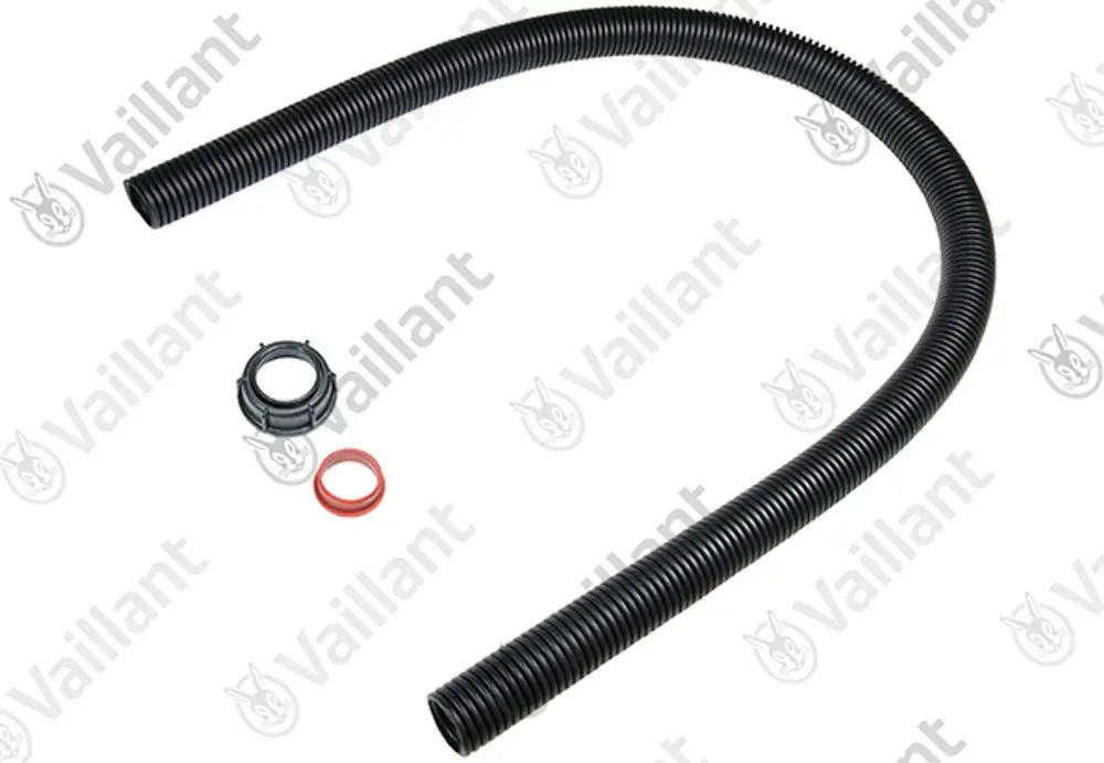 Schwarzer flexibler Siphonschlauch von Vaillant, gebogen, mit einem Verbindungselement und einem O-Ring zur Abdichtung.